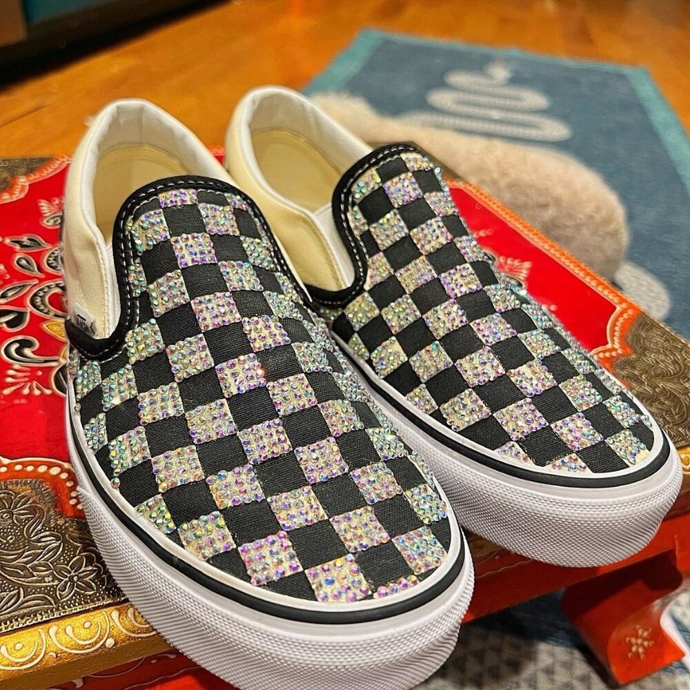 Iridescent Crystal Rhinestone Checker Bling Custom Slip On Vans Men 7.5/Women 9
